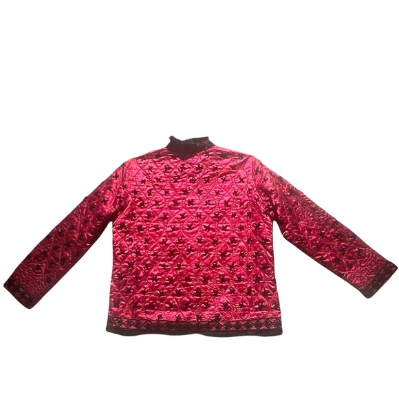 Vtg Red Satin Quilted Jacket Blk Trim L Maximalist Retro Glam Holiday Statement - Picture 3 of 12